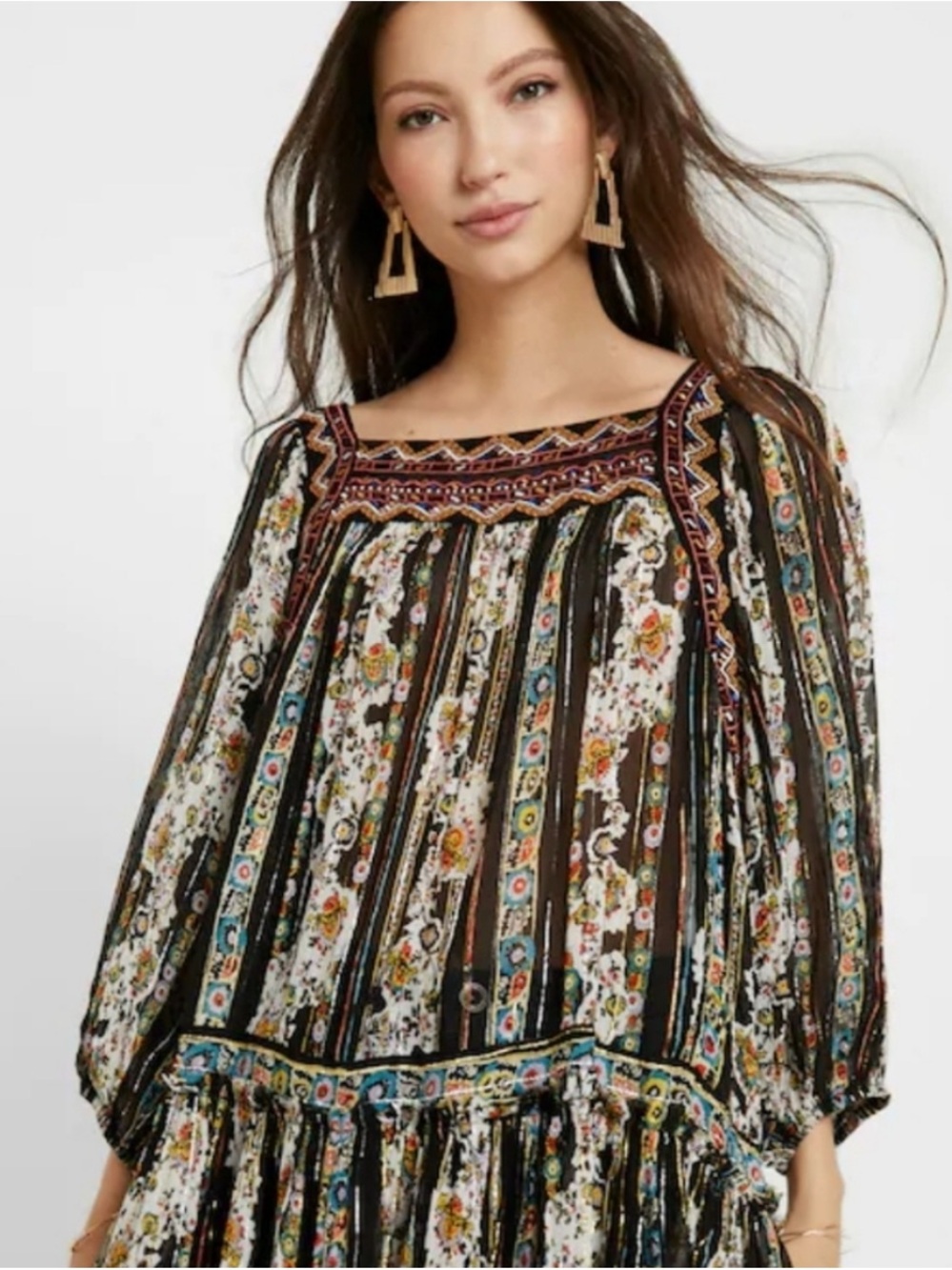 Free People Black Multi Embroidered Floral Peasant Tunic